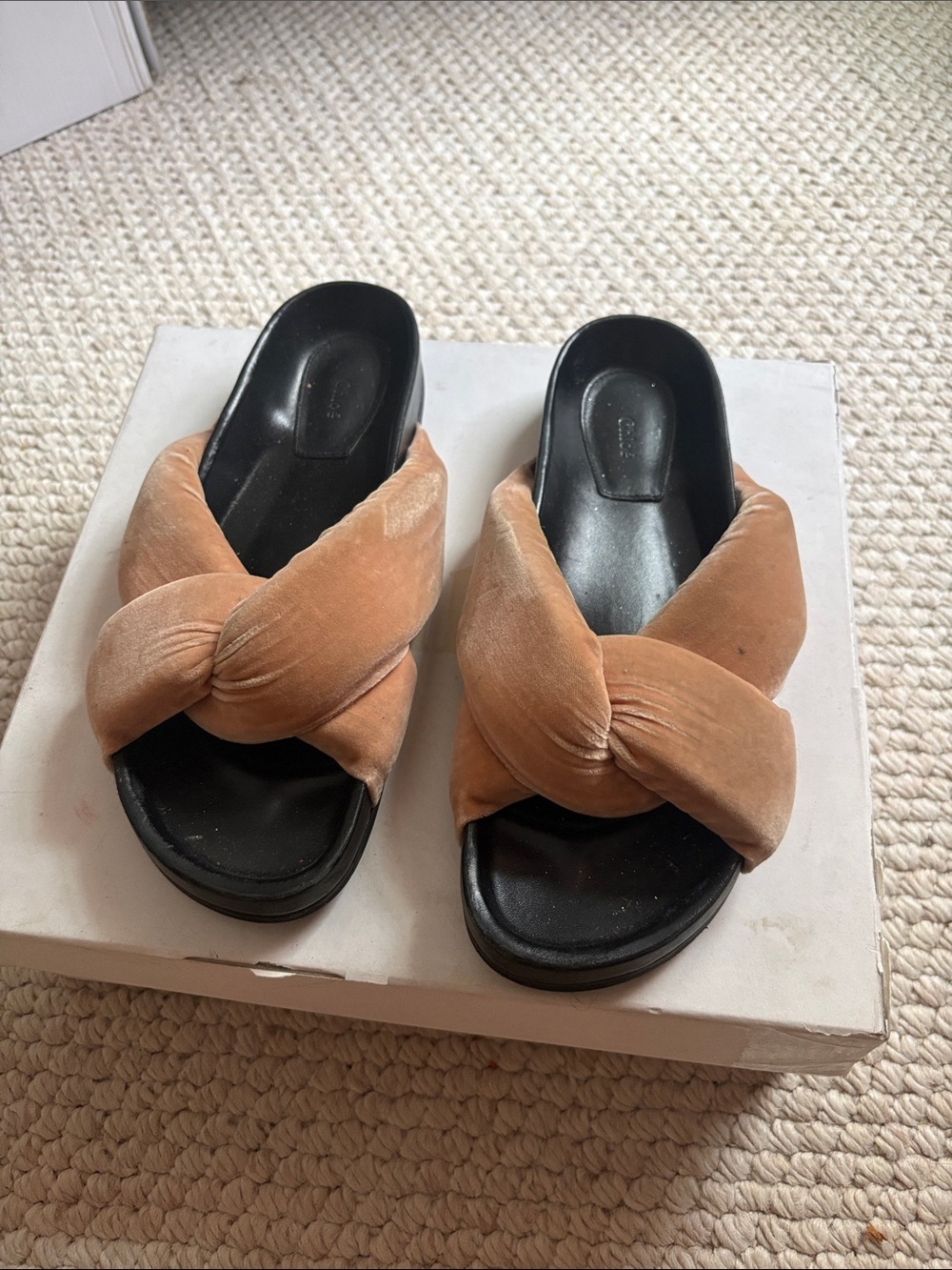 Chloe Knotted Velvet Slide Mules in Camel